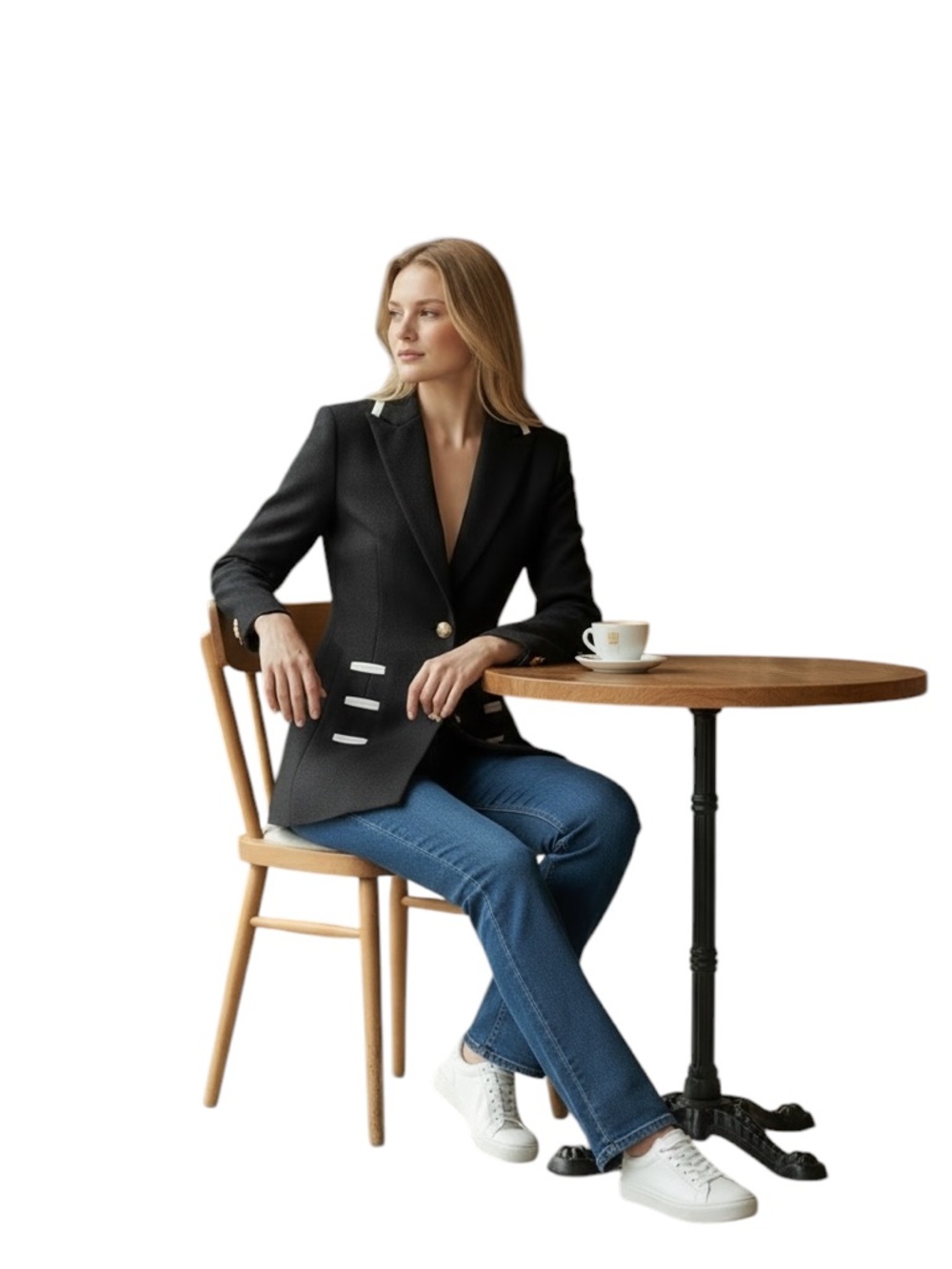 Structured Classic Black Blazer with White Trim and Gold Buttons - Small - Picture 3 of 14